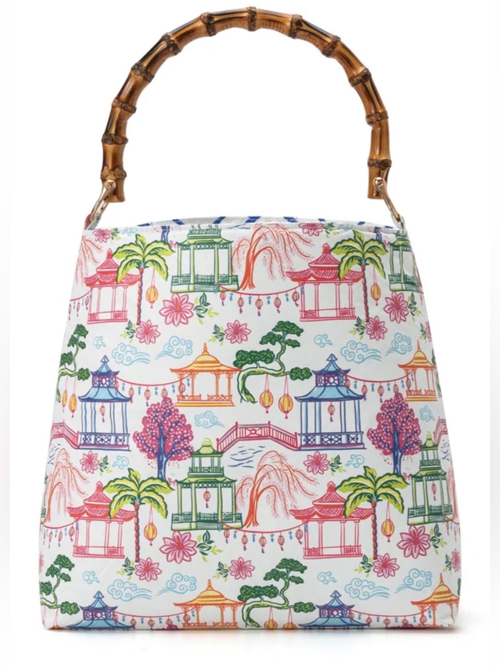 Bourbon & Bamboo Bucket Bag Pagoda Print with Bamboo Top-Handle